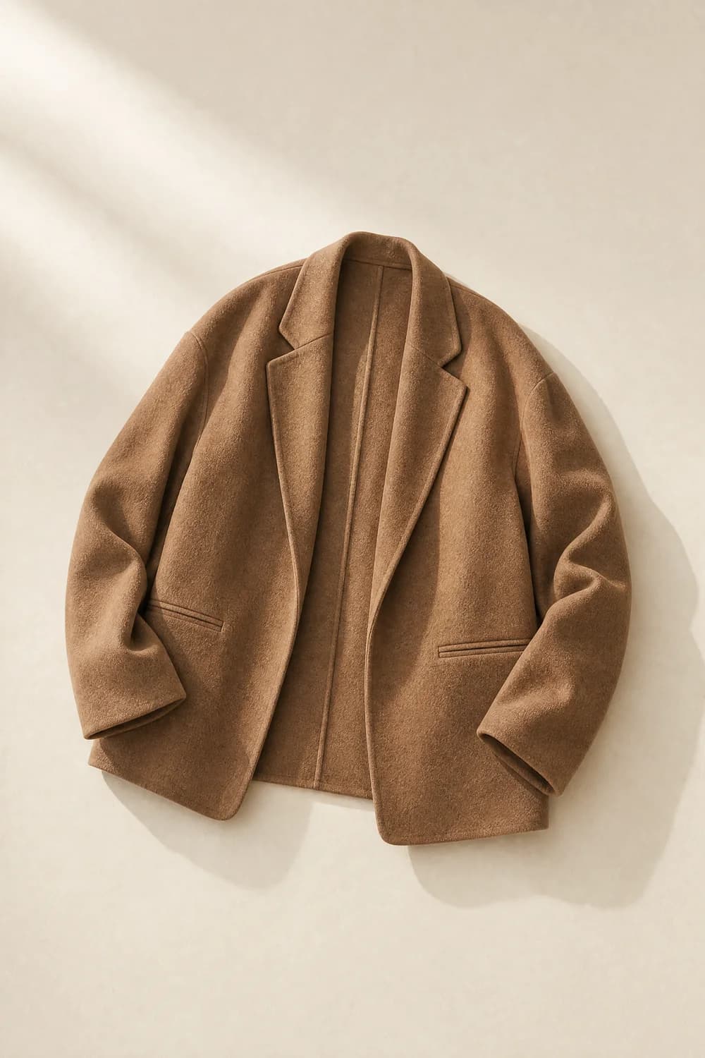Oversized blazer, laid flat on a warm paper surface and photographed from above