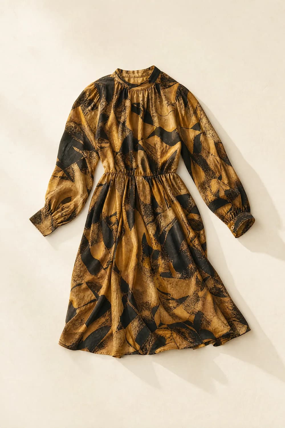 A printed dress laid flat on a warm paper surface, photographed from above