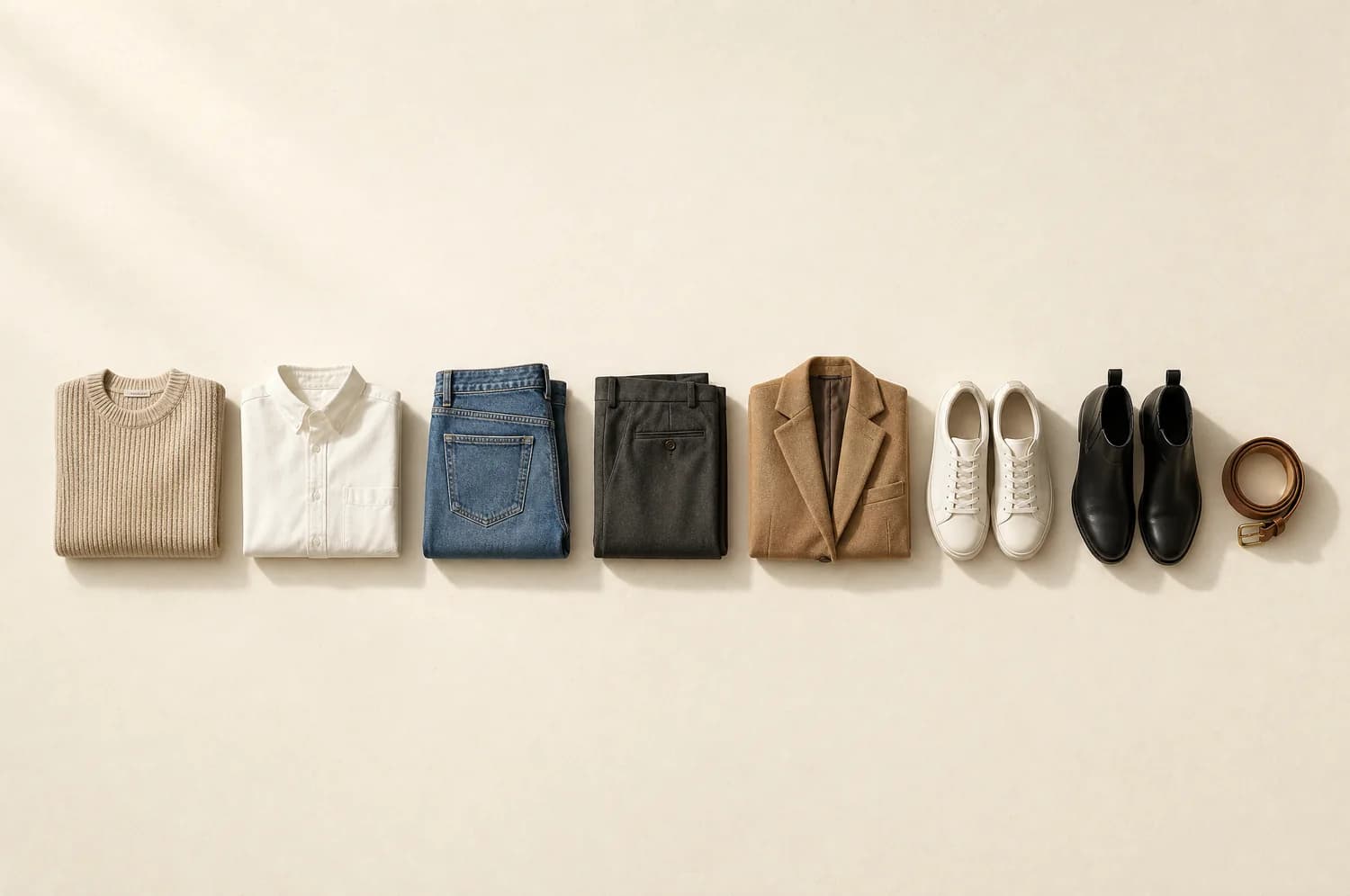 Eight folded garments laid out in a row on a warm paper surface, photographed from above
