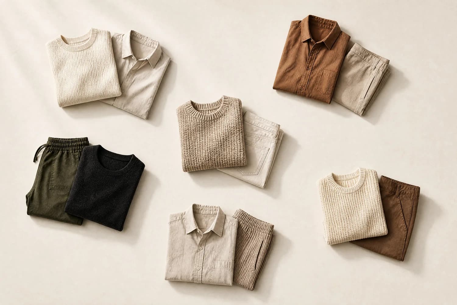 Six small groups of folded garments scattered unevenly across a warm paper surface